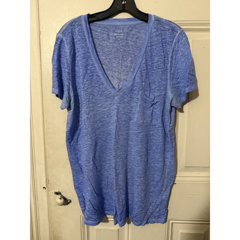 J.Crew 100% Linen Blue V-Neck Pocket T-Shirt Women’s Large L